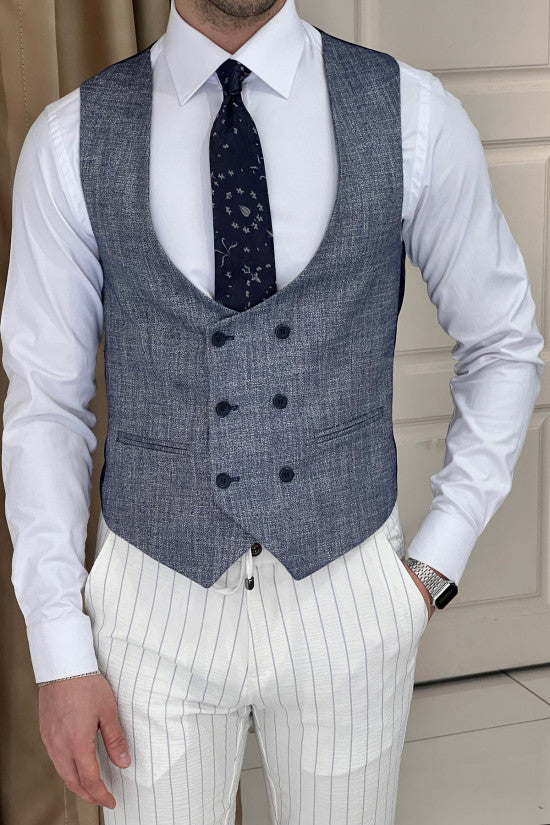 Slim Fit Self Patterned Double Breasted Blue Wool Waistcoat