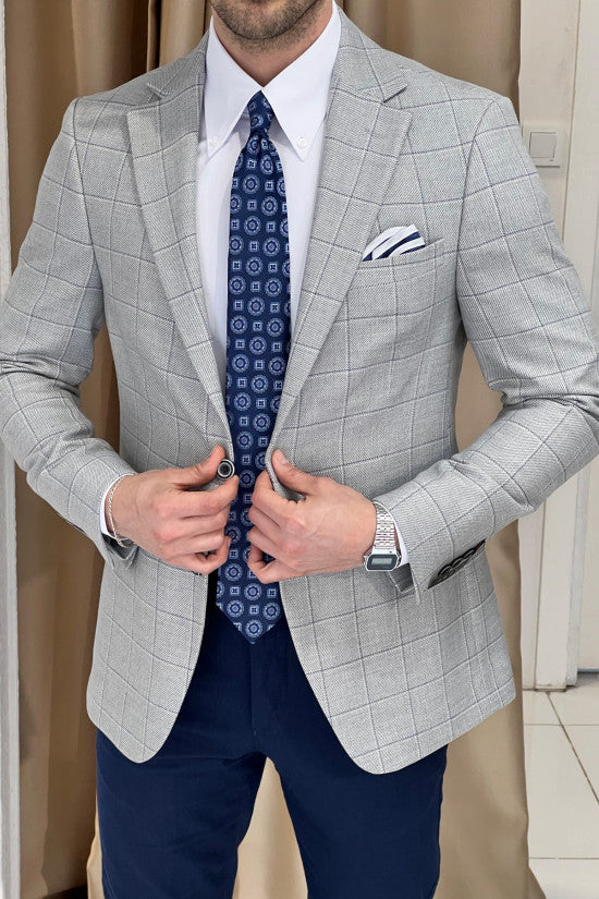 Slim Fit Mono Collar Plaid Gray Jacket