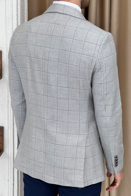 Slim Fit Mono Collar Plaid Gray Jacket