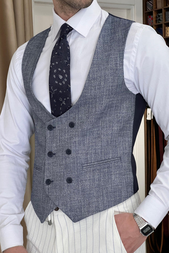 
                  
                    Slim Fit Self Patterned Double Breasted Blue Wool Waistcoat
                  
                