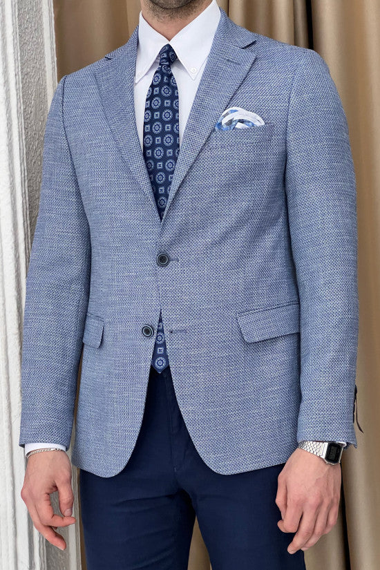 Special Design Slim Fit Mono Collar Self Patterned Knitted Blue Jacket