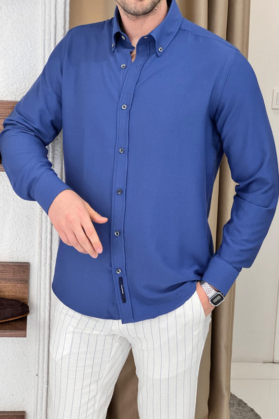Regular Fit Button Collar Seersucker Indıgo Cotton Shirt