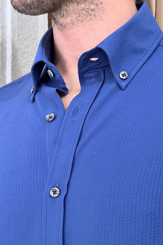Regular Fit Button Collar Seersucker Indıgo Cotton Shirt