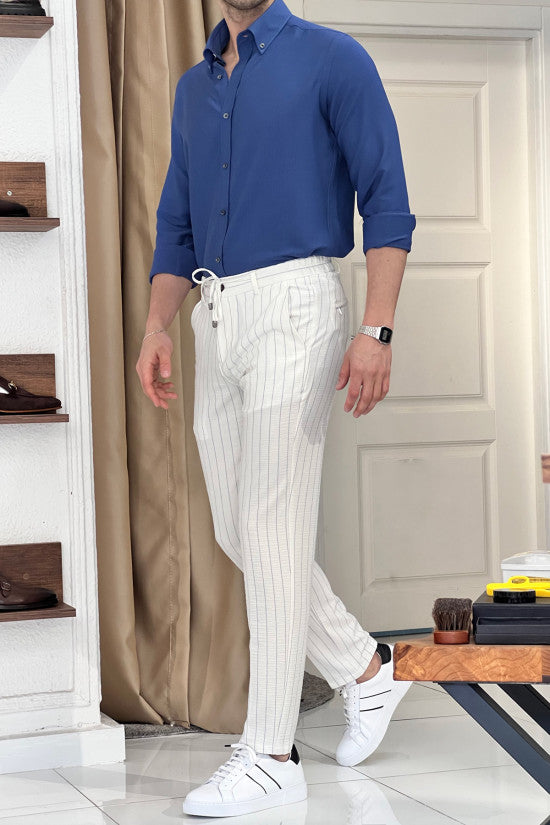 Regular Fit Button Collar Seersucker Indıgo Cotton Shirt
