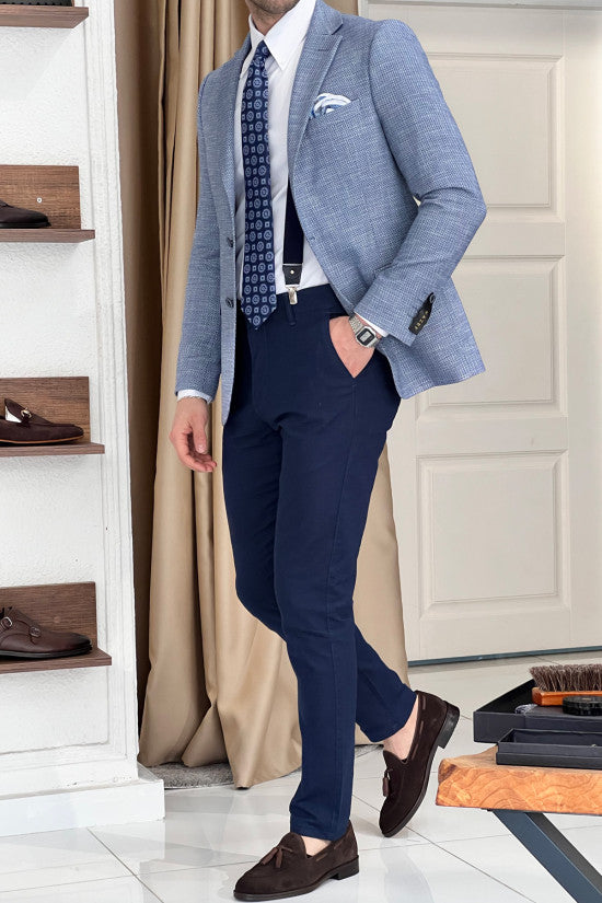 Special Design Slim Fit Mono Collar Self Patterned Knitted Blue Jacket