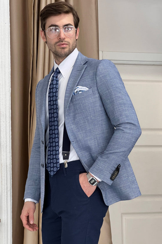 Special Design Slim Fit Mono Collar Self Patterned Knitted Blue Jacket
