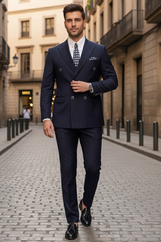 
                  
                    Slim Fit Pointed Collar Double Slit Wool Blend Double Breasted Navy Blue Suit
                  
                