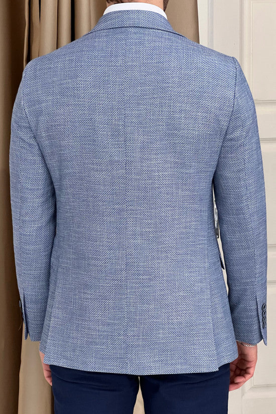 Special Design Slim Fit Mono Collar Self Patterned Knitted Blue Jacket