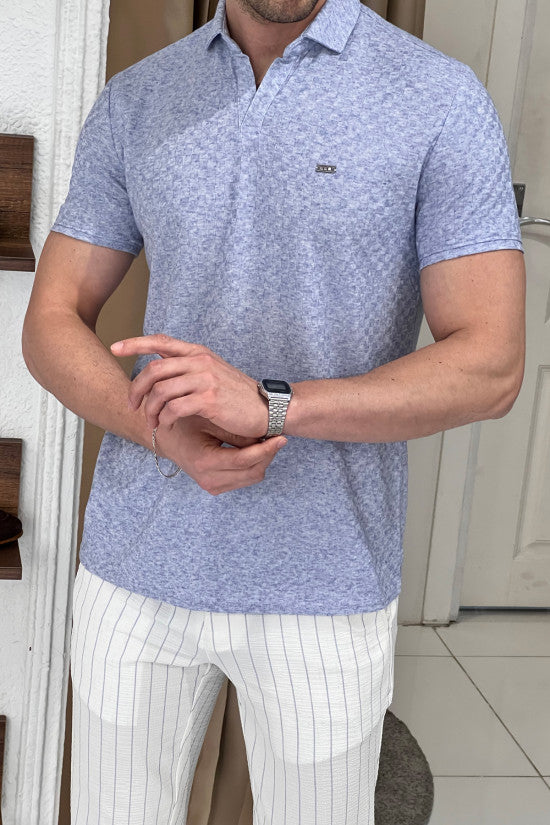 Slim Fit Italian Polo Neck Patterned Blue Short Sleeve T-Shirt