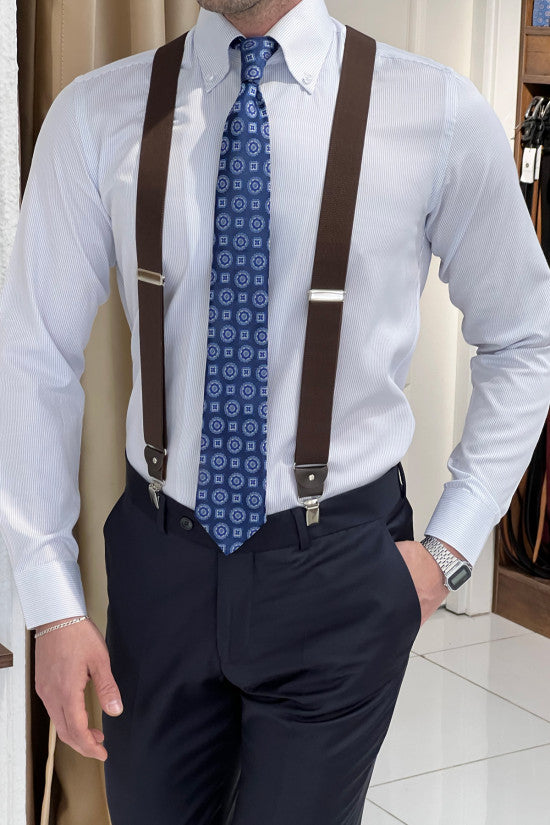 Slim Fit Special Production Italian Button Collar Striped 100% Cotton White Shirt