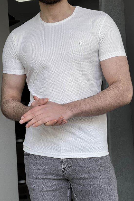 
                  
                    Slim Fit High Quality Self Patterned Crew Neck White Lycra T-Shirt
                  
                