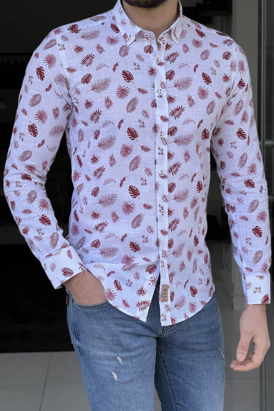 Slim Fit High Quality Patterned Linen Claret-Red Shirt