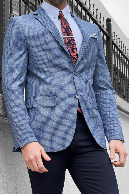 Slim Fit Gingham Mono Collar Blue Gray Jacket