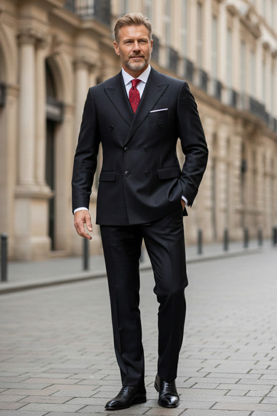 
                  
                    Slim Fit Pointed Collar Double Slit Striped Wool Blend Double-Breasted Black Suit
                  
                