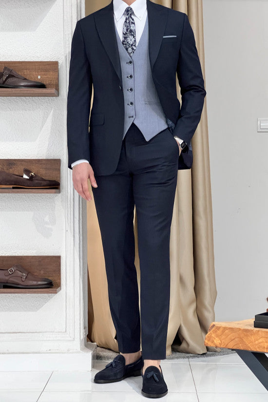 
                  
                    Slim Fit Self-Patterned Navy Blue Wool Vest Combination Suit ( The waistcoat is double-sided. )
                  
                