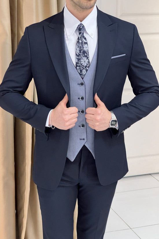 Slim Fit Self-Patterned Navy Blue Wool Vest Combination Suit ( The waistcoat is double-sided. )