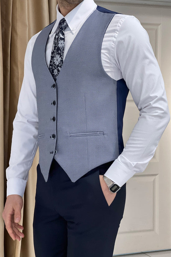 
                  
                    Slim Fit Self-Patterned Navy Blue Wool Vest Combination Suit ( The waistcoat is double-sided. )
                  
                