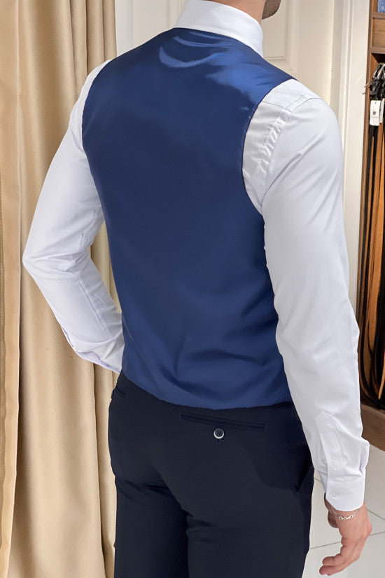 Slim Fit Self-Patterned Navy Blue Wool Vest Combination Suit ( The wai – OUTFITLIFT Slim Fit Self-Patterned Navy Blue Wool Vest Combination Suit ( The wai – OUTFITLIFT