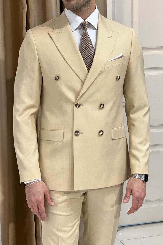 
                  
                    Special Design Slim Fit Pointed Collar Double Breasted Beige Suit
                  
                