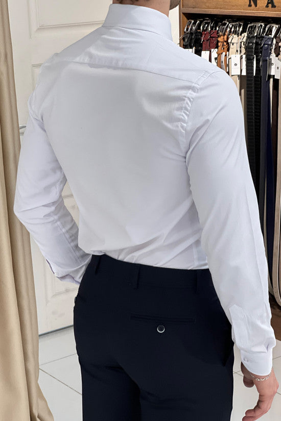 Slim Fit Special Production Classic Button Collar White Cotton Shirt