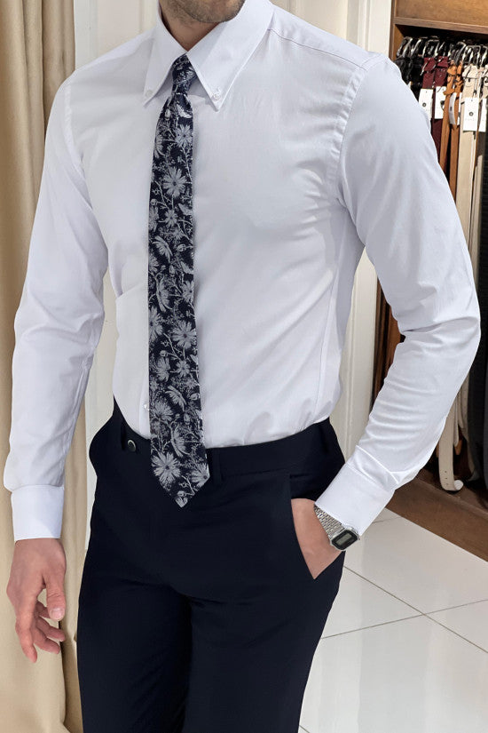 Slim Fit Special Production Classic Button Collar White Cotton Shirt