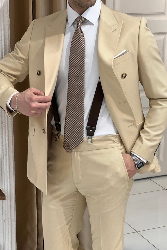 
                  
                    Special Design Slim Fit Pointed Collar Double Breasted Beige Suit
                  
                