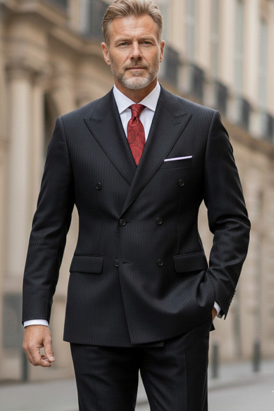 
                  
                    Slim Fit Pointed Collar Double Slit Striped Wool Blend Double-Breasted Black Suit
                  
                