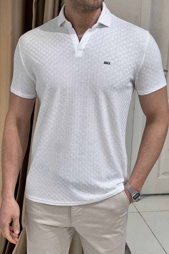 Slim Fit Italian Polo Neck Patterned White Short Sleeve T-Shirt