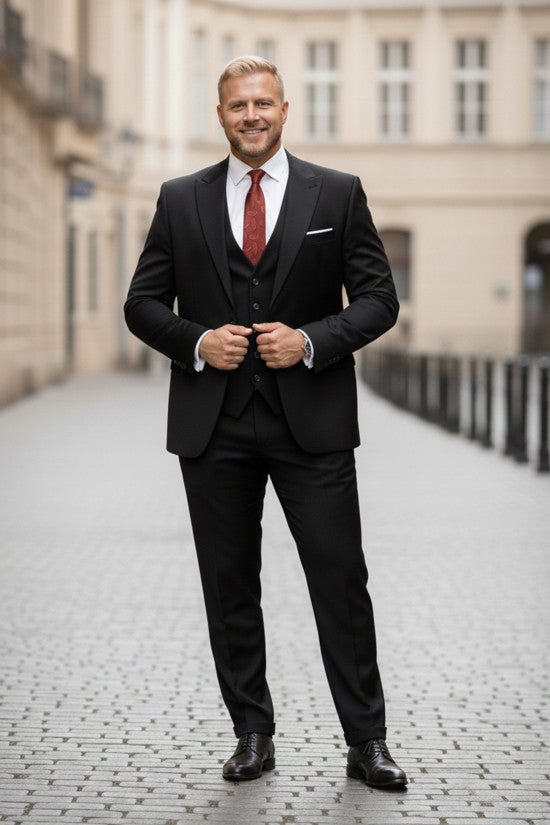 
                  
                    ( PLUS SIZE ) Nazef Classic Fit Custom Production Pointed Collar Vested Wool Black Suit
                  
                