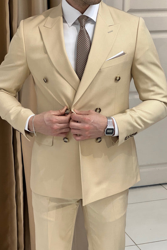 Special Design Slim Fit Pointed Collar Double Breasted Beige Suit