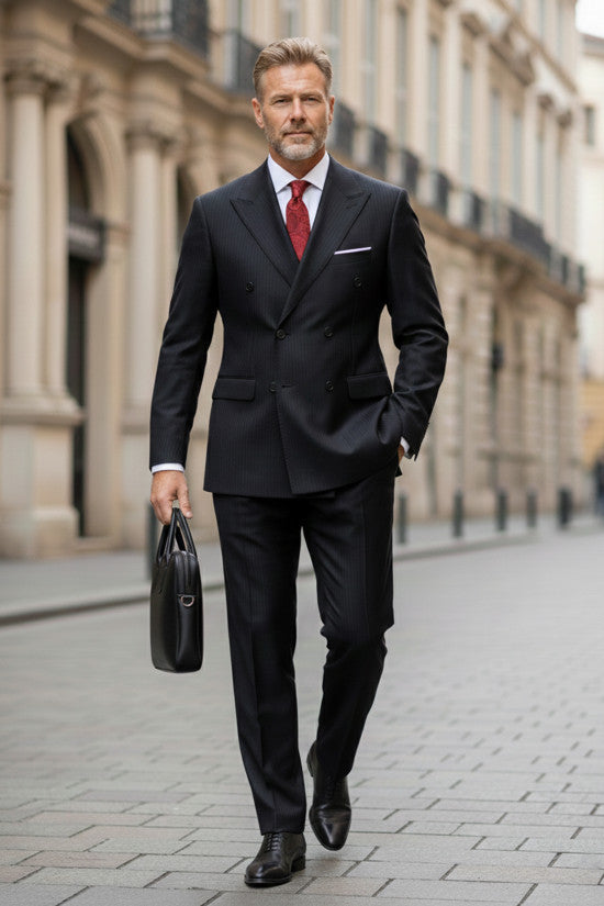 
                  
                    Slim Fit Pointed Collar Double Slit Striped Wool Blend Double-Breasted Black Suit
                  
                