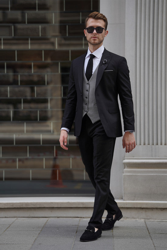 
                  
                    Slim Fit Self-Patterned Black Wool Vest Combination Suit ( The waistcoat is double-sided. )
                  
                