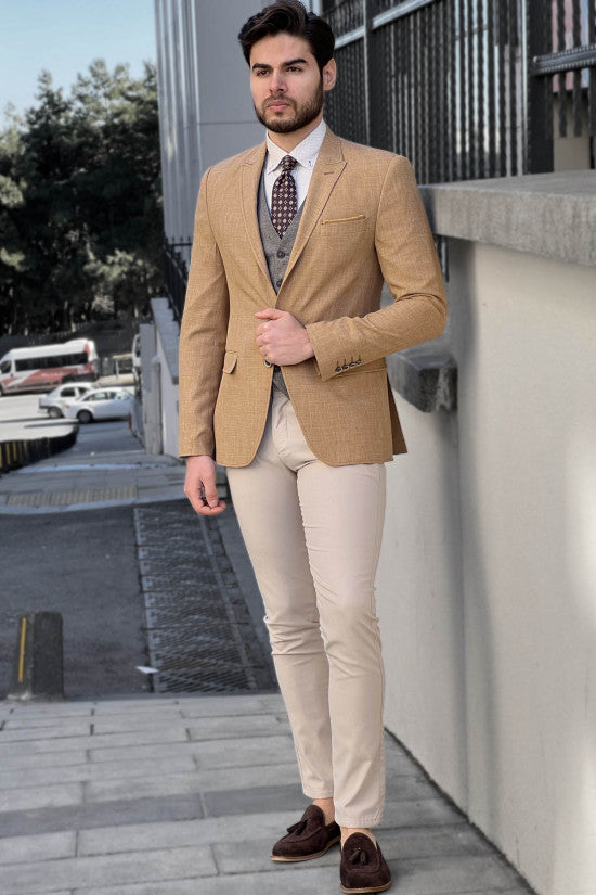 
                  
                    Slim Fit High Quality Self Patterned Linen Mustard Jacket
                  
                