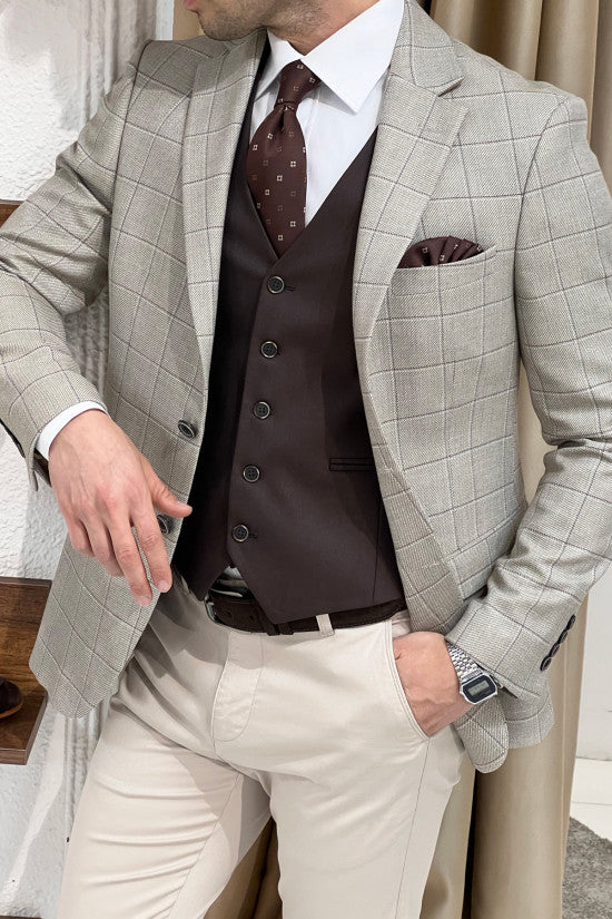 Slim Fit Mono Collar Plaid Beige Jacket