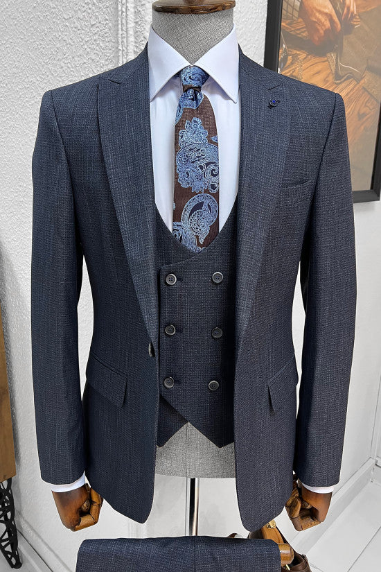 Slim Fit Patterned Navyblue Suit