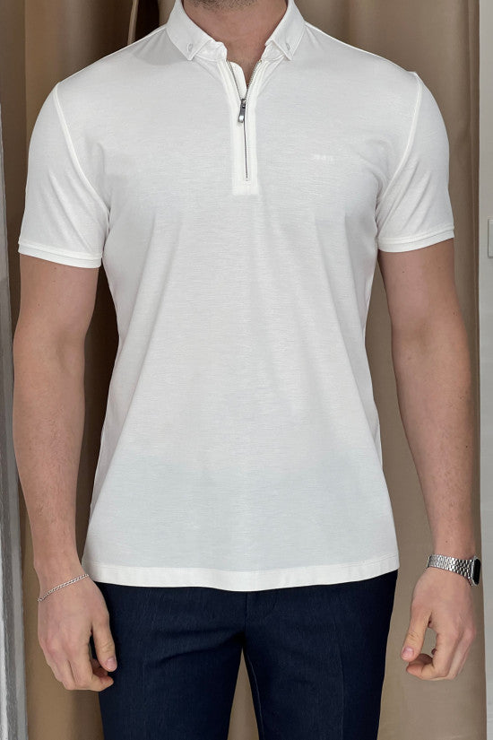 
                  
                    Slim Fit Italian Collar Zippered White Short Sleeve T-Shirt
                  
                