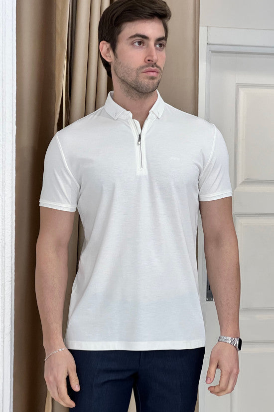 
                  
                    Slim Fit Italian Collar Zippered White Short Sleeve T-Shirt
                  
                