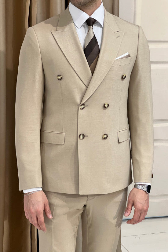 Special Design Slim Fit Self Patterned Double Breasted Beige Suit