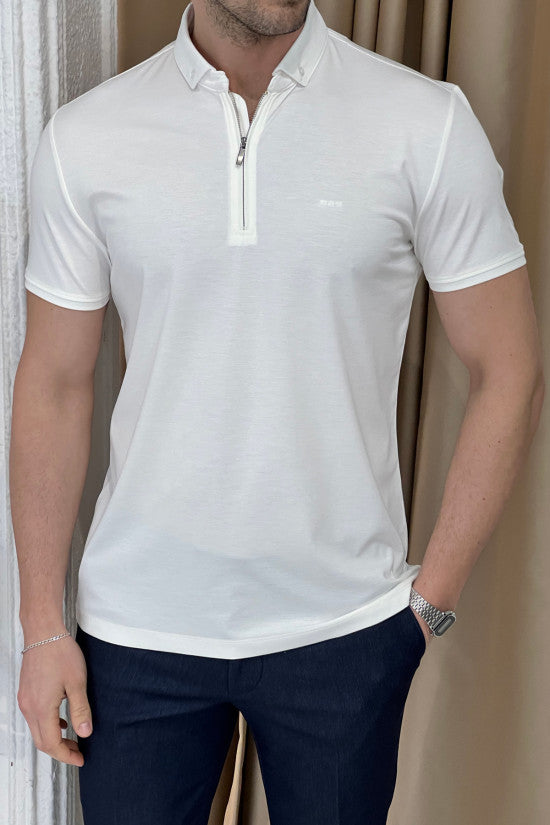 Slim Fit Italian Collar Zippered White Short Sleeve T-Shirt