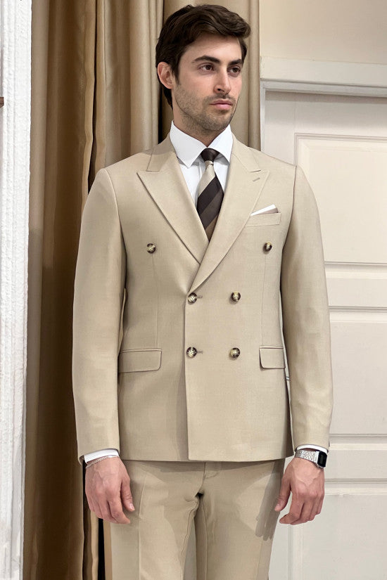 
                  
                    Special Design Slim Fit Self Patterned Double Breasted Beige Suit
                  
                