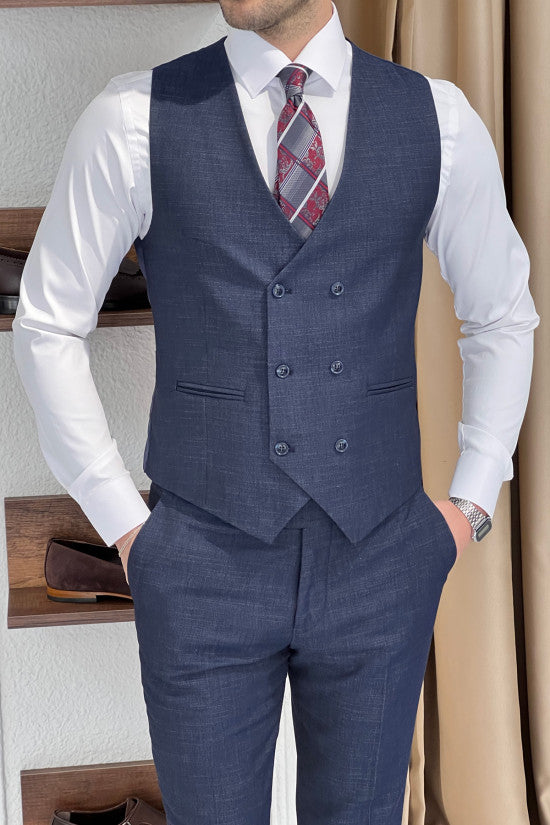 
                  
                    Slim Fit Special Production Pointed Collar Vest Wool Navy Blue Suit
                  
                