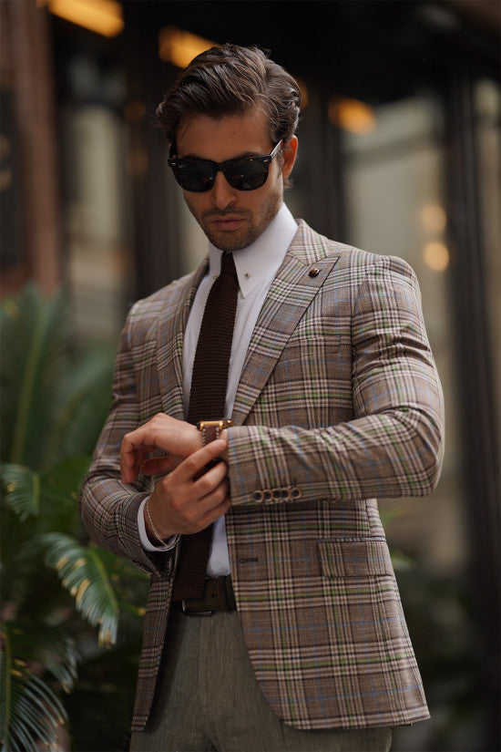 Slim Fit Special Production Plaid Beige Jacket