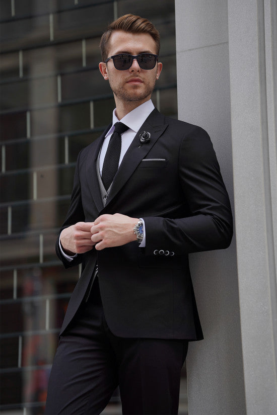 
                  
                    Slim Fit Self-Patterned Black Wool Vest Combination Suit ( The waistcoat is double-sided. )
                  
                