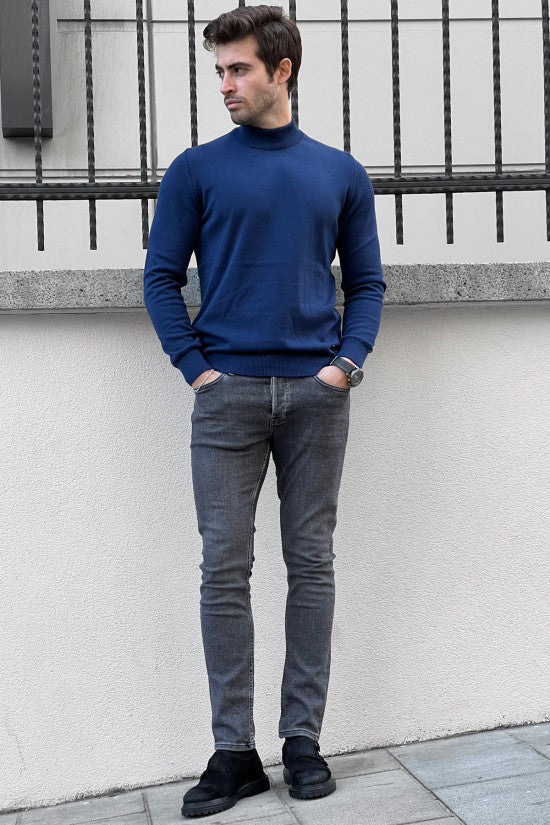 
                  
                    Slim Fit Sax Half Turtleneck Collar Knitwear Sweater
                  
                