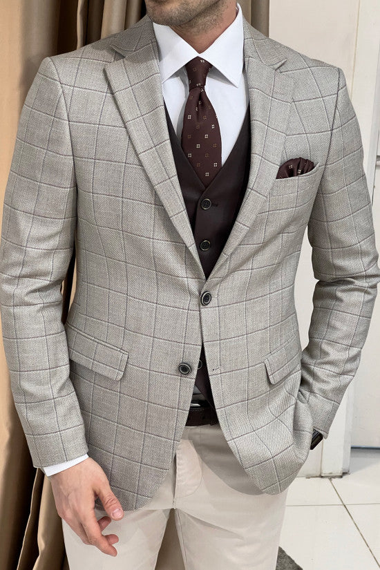 Slim Fit Mono Collar Plaid Beige Jacket