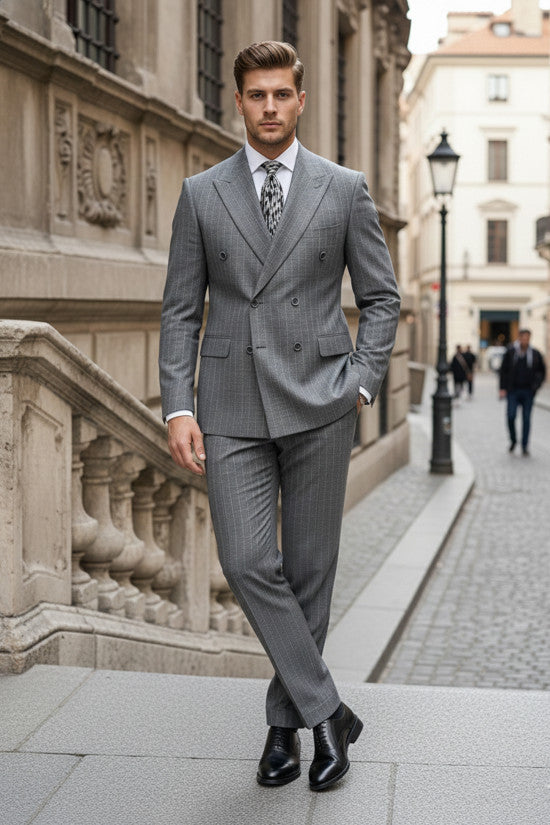 
                  
                    Slim-Fit Pointed Collar Double-Slit Striped Double-Breasted Gray Suit
                  
                