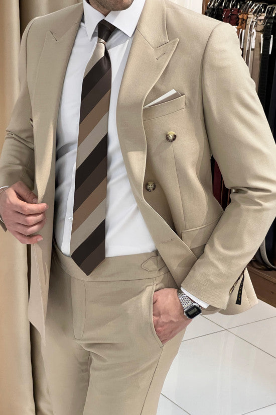 
                  
                    Special Design Slim Fit Self Patterned Double Breasted Beige Suit
                  
                