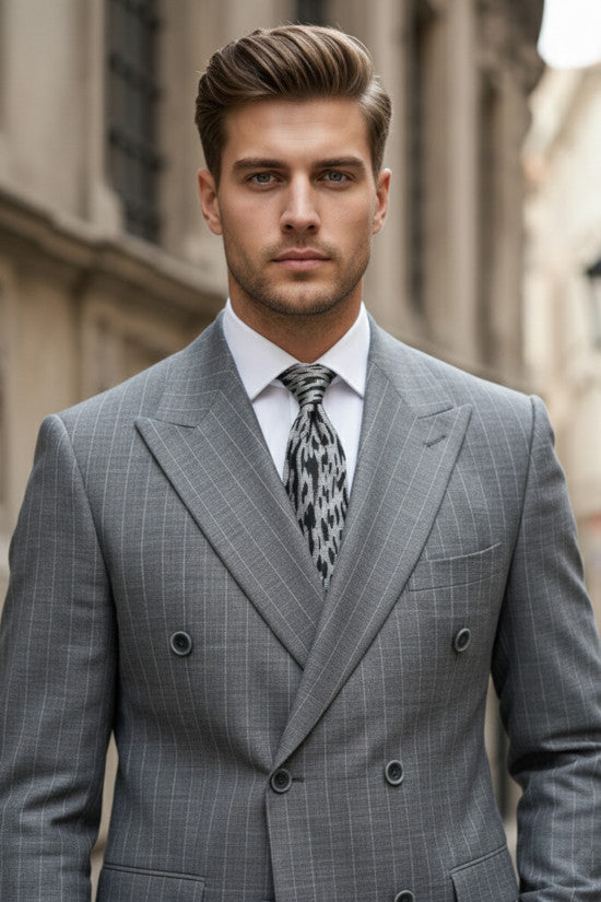 
                  
                    Slim-Fit Pointed Collar Double-Slit Striped Double-Breasted Gray Suit
                  
                