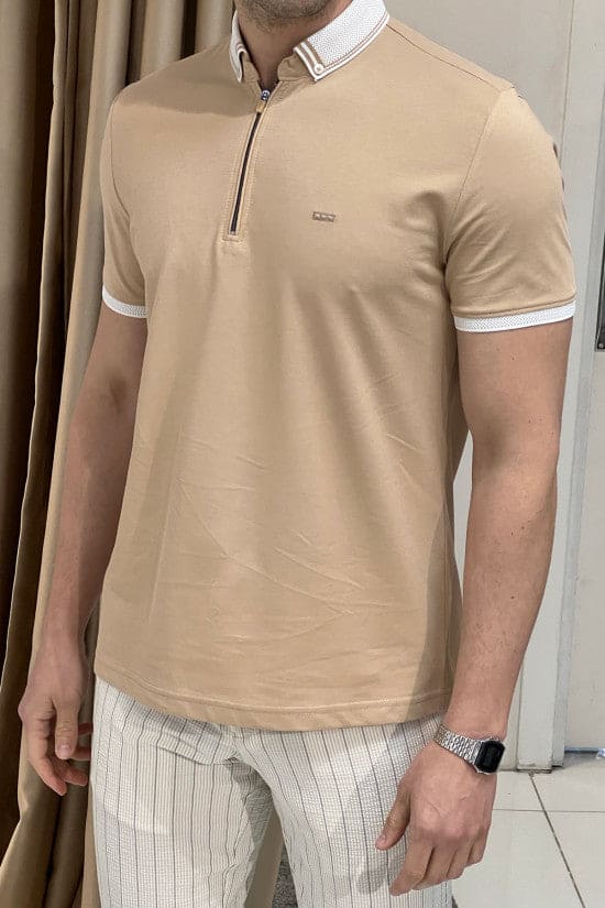 
                  
                    Slim Fit Knitwear Collar Zippered Short Sleeve Cotton Beige T-Shirt
                  
                