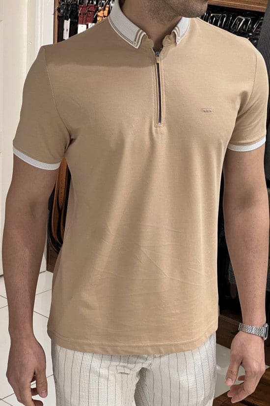 
                  
                    Slim Fit Knitwear Collar Zippered Short Sleeve Cotton Beige T-Shirt
                  
                